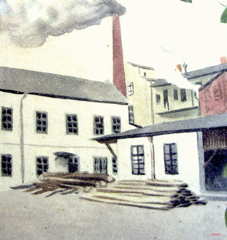 Zabudowania dawnej fabryki Skřivánków w Cieszynie, 1930. Fragment akwareli z pamiątkowej planszy, którą z okazji jubileuszu obchodzonego w roku 1930 (50 rocznica założenia firmy) wręczyli Emilowi Skřivánkowi pracownicy. | zbiory prywatne / fotopolska.eu